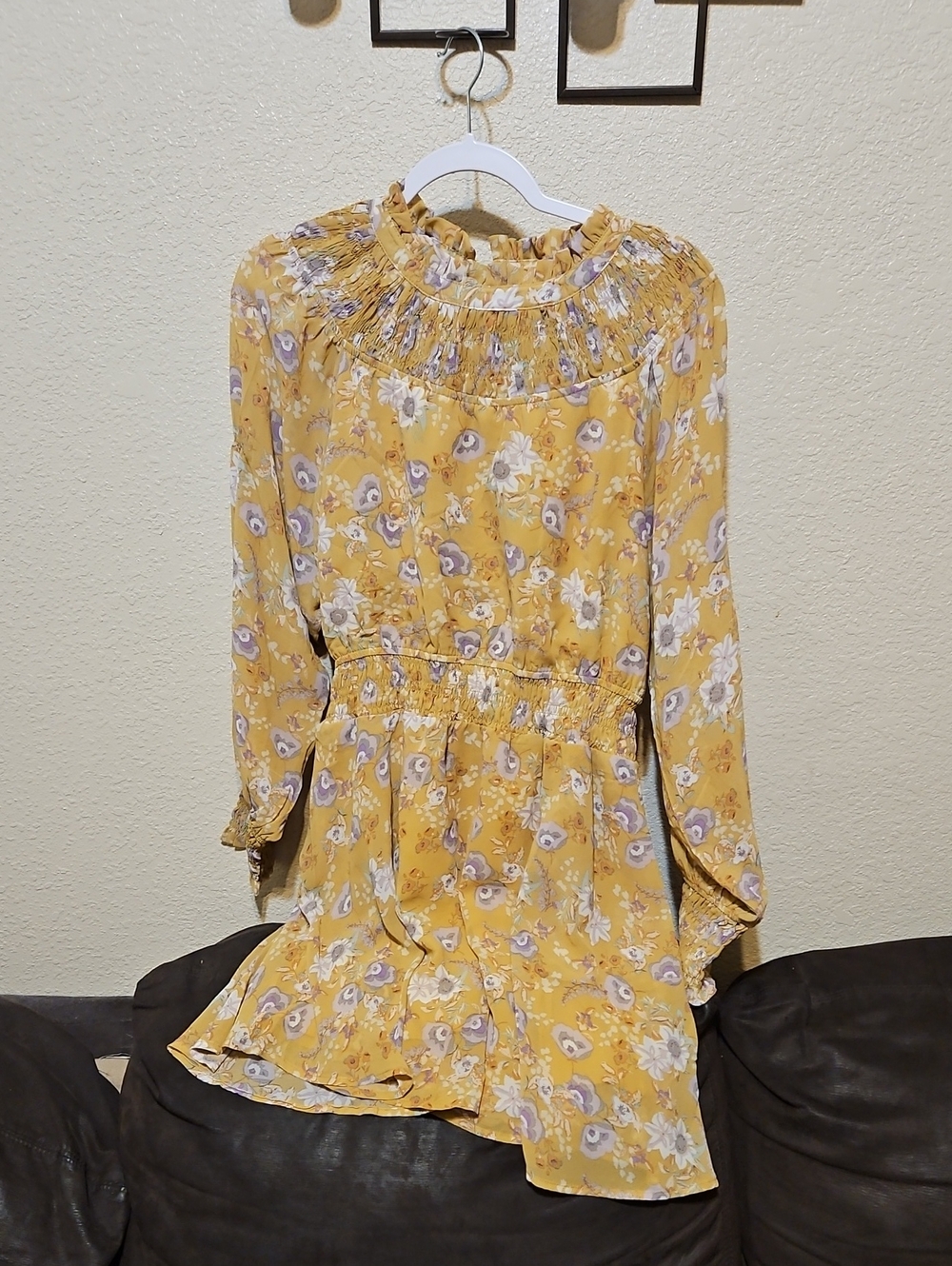 Kori Mustard Floral Smocked Waist Long Sleeve Dress